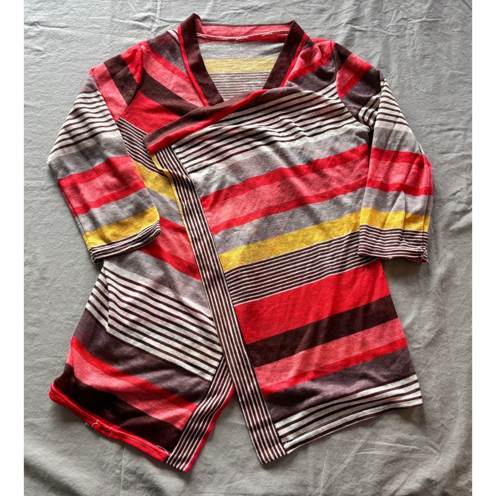 Artistic Taste Striped Open Front Cardigan Red Yellow Brown 3/4 Sleeve Large
